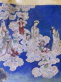 Chinese school, ink and color on canvas: 'Mountainous landscape with goddesses, mythical animals and boys', 19/20th C.